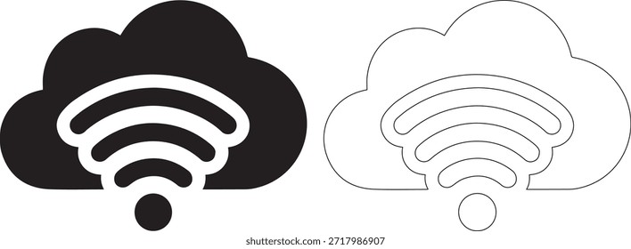 Un conjunto de dos iconos en blanco y negro con una nube con una señal wifi y un cohete con una señal wifi, en estilos de línea sólida y punteada, sobre un fondo blanco puro