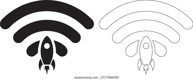 Un conjunto de dos iconos en blanco y negro con un cohete con una señal wifi, en estilos de línea sólida y punteada, sobre un fondo blanco puro, perfecto para conceptos de tecnología e innovación