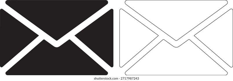 Un conjunto de dos iconos en blanco y negro con un sobre con líneas simples sobre un fondo blanco puro