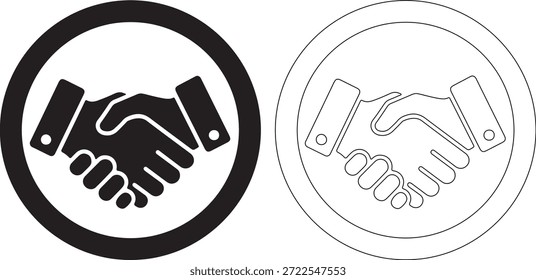 A set of two black and white icons featuring a handshake in solid and outline styles isolated on white background