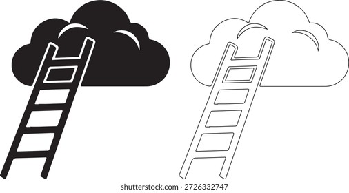 Um conjunto de duas ilustrações em preto e branco mostrando escadas que levam a nuvens, uma em preto sólido e a outra em forma de contorno sobre um fundo branco