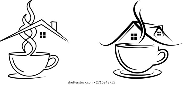 Un conjunto de dos conceptos de logotipo de arte de línea en blanco y negro que combinan una taza de café humeante con una estructura de techo de la casa, adecuada para cafeterías o negocios relacionados con el hogar.