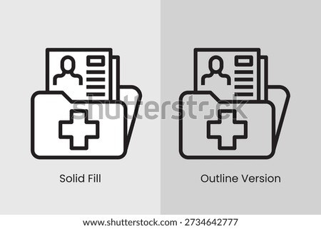 A set of two black and white line art icons representing a medical record folder. One icon is a solid fill style, and the other is an outline style. Both feature a folder containing documents with a p