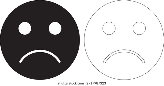 Un conjunto de dos iconos de cara de tristeza en blanco y negro, uno lleno y otro delineado, sobre un fondo blanco puro, con un diseño simple y colores contrastantes