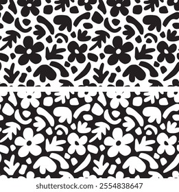 Set of two black and white seamless backgrounds with organic shapes. Flat abstract pattern 