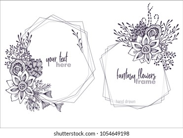 Set of two black and white vector floral frames with bouquets of hand drawn fantasy flowers, plants and branches. Beautiful template for invitations, greeting cards.