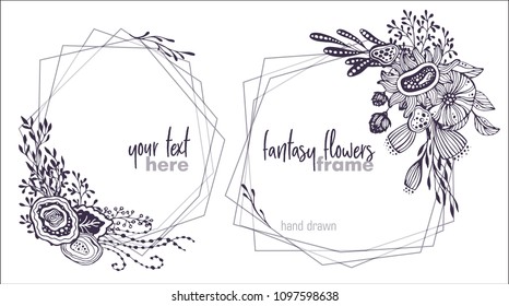 Set of two black and white vector floral frames with bouquets of hand drawn fantasy flowers, plants and branches. Beautiful template for invitations, greeting cards.