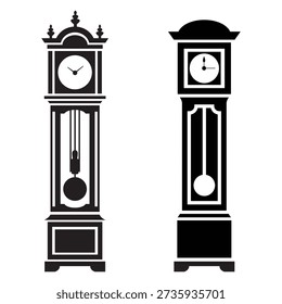 A set of two black and white vector illustrations depicting antique grandfather clocks. These tall-case pendulum clock silhouettes feature traditional wooden cabinets and distinct dial faces, making them perfect for history-themed designs, furniture icons, and time-related graphics. Isolated on a white background.