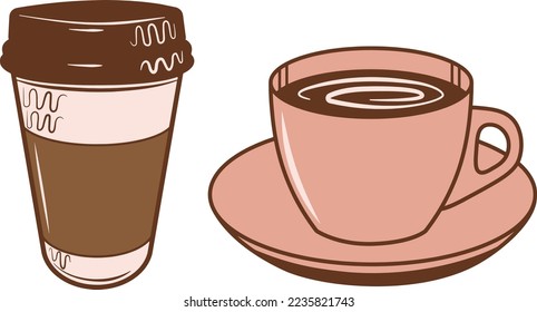 A set of two blank coffee cups. Ceramic coffee cup and disposable coffee cup.