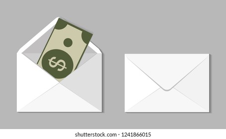 Set Of Two Blank Envelope With Money. An Envelope Template For Your Design On Gray Background. Layers Grouped For Easy Editing Illustration. For Your Design.