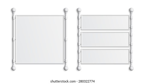 Set of two blank white banners, isolated on white background. Vector illustration.