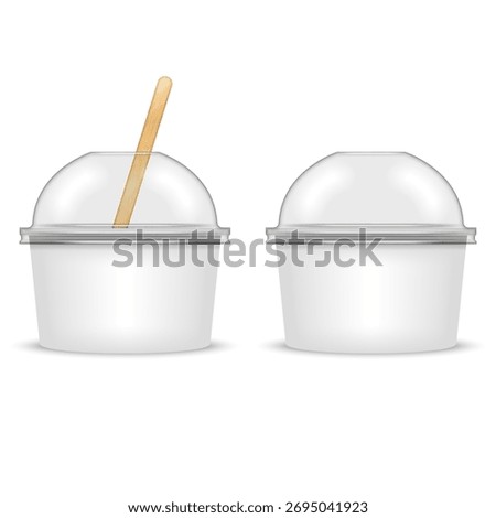 Set of two blank white paper dessert tubs with clear transparent plastic dome lids and one wooden spoon isolated on white, 3d vector mockup for ice cream or frozen yogurt packaging.