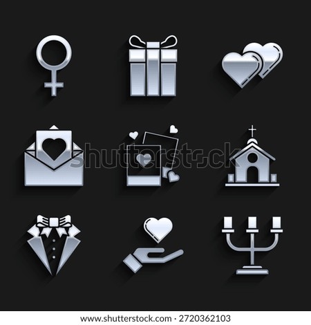 Set Two blanks photo frames and hearts, Heart on hand, Candlestick, Church building, Suit, Envelope with Valentine, Linked Hearts and Female gender symbol icon. Vector