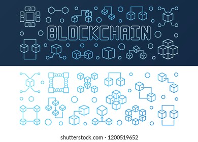 Set of two Blockchain crypto bright horizontal banners. Vector illustration in outline style