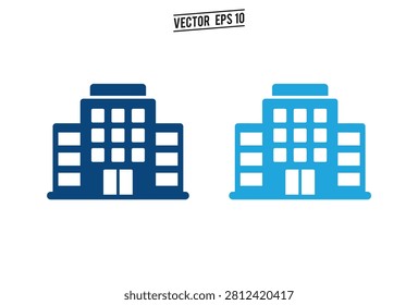 A set of two blue building icons in different shades depicting a professional office complex or hotel structure for business and architectural design concepts