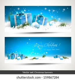 Set of two blue Christmas banners with gift boxes, balls and branches in snow