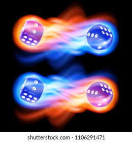 Set of two blue dices in fire.