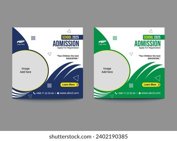Set of two blue green School admission social media post template or education school web banner template or square post pack template premium vector