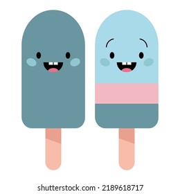 Set of two blue ice creams with eyes and a smile