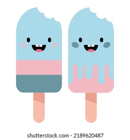 Conjunto de dos helados azules con ojos y una sonrisa y un mordisco
