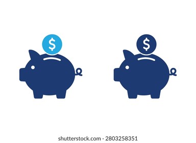A set of two blue piggy bank silhouettes with dollar coins being deposited representing wealth management banking and personal finance growth