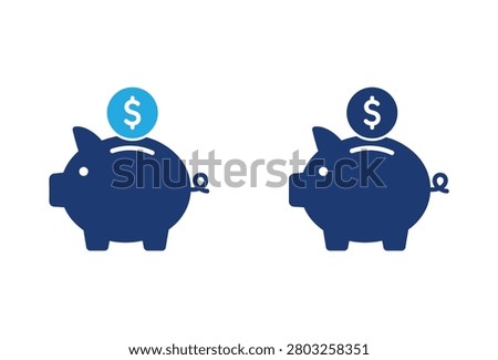 A set of two blue piggy bank silhouettes with dollar coins being deposited representing wealth management banking and personal finance growth