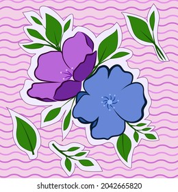 Set of two blue and purple flowers with green leaves