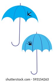 set of two blue umbrella with a flying swallow art creative vector isolated on white background element for design