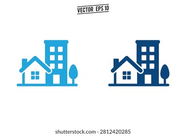 A set of two blue vector icons representing residential real estate with a small house and a tall apartment building next to a tree
