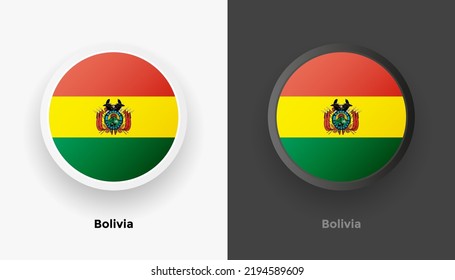 Set of two Bolivia flag buttons in black and white background. Abstract shiny metallic rounded buttons with national country flag