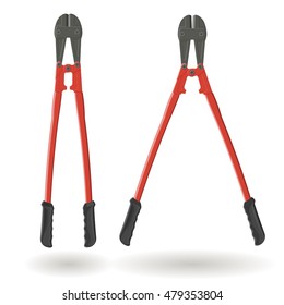 Set of two bolt cutters, open and close, Tools for cutting solid wire, isolated on white background, realistic vector illustration.