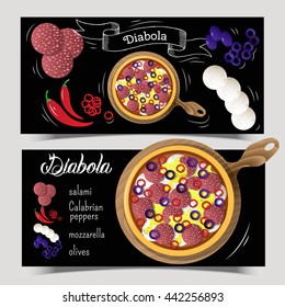 Set of two booklets Pizza Diabola. Ingredients for pizza on a black background. It can be used for advertising, the web or a prescription. Vector graphics