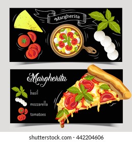 Set of two booklets Pizza Margherita. Ingredients for pizza on a black background. It can be used for advertising, the web or a prescription. Vector graphics