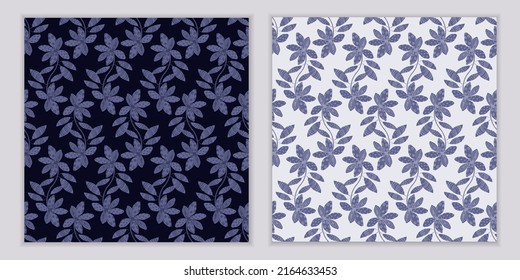 Set of two botanical seamless patterns. Flowers on branches with leaves. Hand drawn on dark and white background. Vector