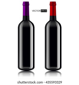 Set of two bottles of wine with labels on a white background with reflection isolated.