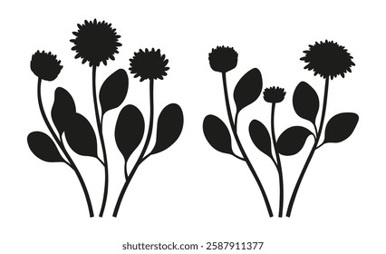 Set of two bouquet silhouettes, flowers with leaves. Bunches of blooming wild plants, wildflowers, minimal style. Botanical hand-drawn elements for design projects. Vector illustration