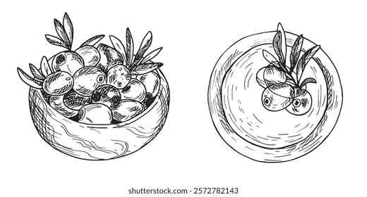 Set of two Bowls, Wooden and Oil with Olives and olive Branches from side and top view isolated on background. Hand drawn Ink Sketch, Botanical illustration in outline style. Can be used for menu