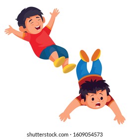 set of two boys, one lying on his stomach, the other jumping fun, isolated object on a white background,