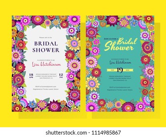 Set of two Bridal Shower Invitation Templates. Cute and fancy colorful design. Bright vector illustration in doodle style. Decorative backdrop for invitation card, useful layout for marriage ceremony.