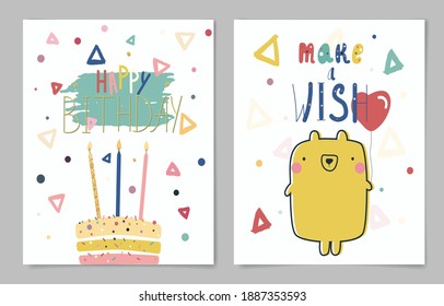 Un conjunto de dos tarjetas de cumpleaños brillantes. Ilustraciones vectoriales con un feliz deseo de cumpleaños y hacer un deseo.