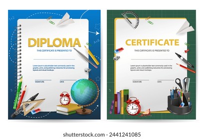 a set of two Bright school diploma templates for children, a certificate background with colorful school subjects pencil, ruler, globe, book on a sheet of paper background.Awarding for training.Vector