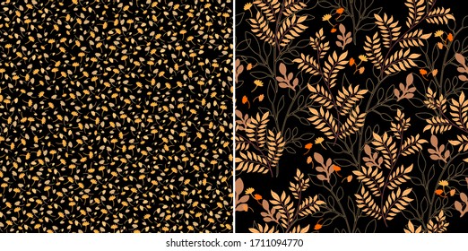 Set of two bright seamless patterns with floral elements. Orange, yellow and light brown branches, leaves, flowers are densely and randomly arranged on a black background. Vector for textile