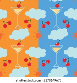 Set of two bright seamless summer pattern in trendy colors with summer elements such as martini glass, cherry, cloud, sun. Good for poster, fabric, price tag, banner, wrapping paper, oilcloth, napkins