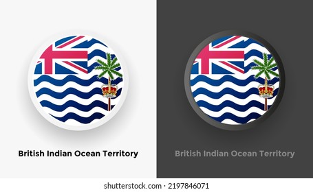 Conjunto de dos botones de la bandera del Territorio Británico del Océano Índico con fondo blanco y negro. Resumen de botones brillantes redondeados metálicos con bandera nacional