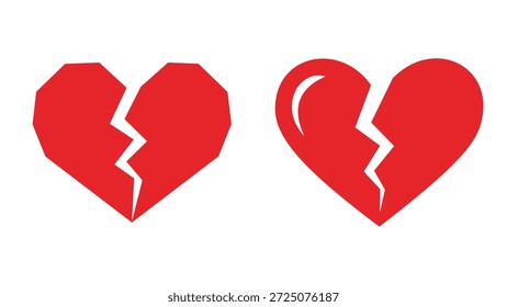 Conjunto de dos iconos rotos de la Ilustración vectorial del corazón rojo en estilo plano de la historieta aislado