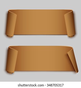 Set of two  brown curved textile banners, vector