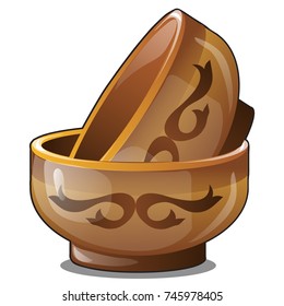 Set of two brown earthenware bowls with patterns isolated on white background. Kitchenware in Asian style with natural materials. Vector cartoon close-up illustration.
