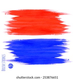 Set of two brush strokes: red and blue. Bright hand-draw illustration, vectorized.