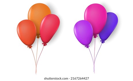 Conjunto de dos grupos de tres globos de colores con resaltados y sombras sobre una cuerda aislada en fondo blanco. Ilustración vectorial.