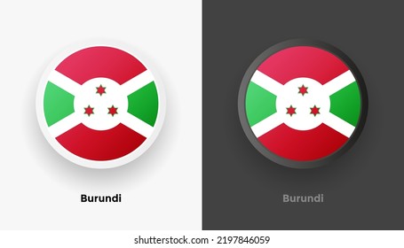 Set of two Burundi flag buttons in black and white background. Abstract shiny metallic rounded buttons with national country flag